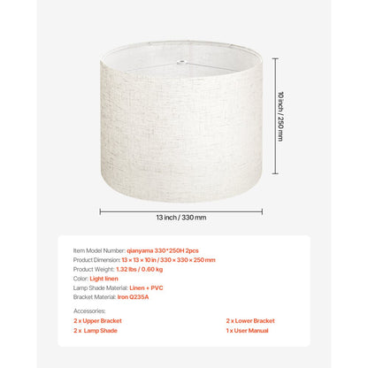 Drum Lamp Shade 2 Set 33 x 33 x 25 cm Medium Round Lampshade (Light Linen)