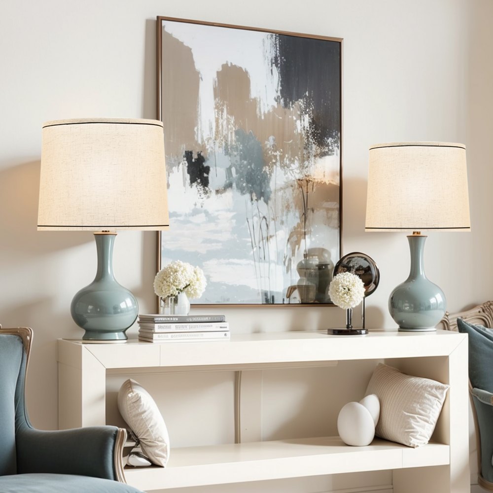 Lamp Shade 2 Set with Harp 29 x 32 x 24.5 cm (Light Linen with Black Edge)
