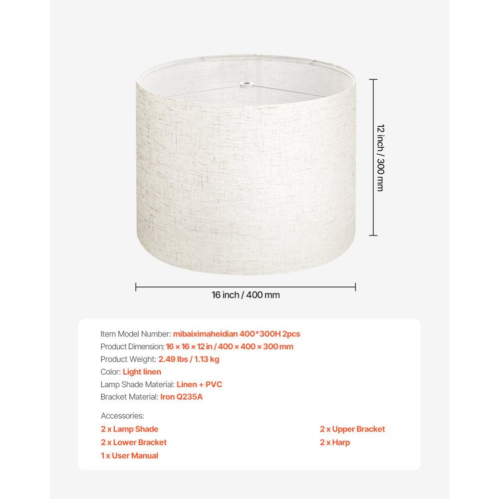VEVOR Drum Lamp Shade 2 Set 40 x 40 x 30 cm Lampshade with Harp (Light Linen)