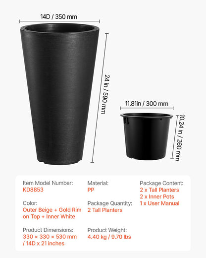 VEVOR Tall Planter Set of 2 Round Tapered Plant Pots 59 cm for Outdoor Indoor