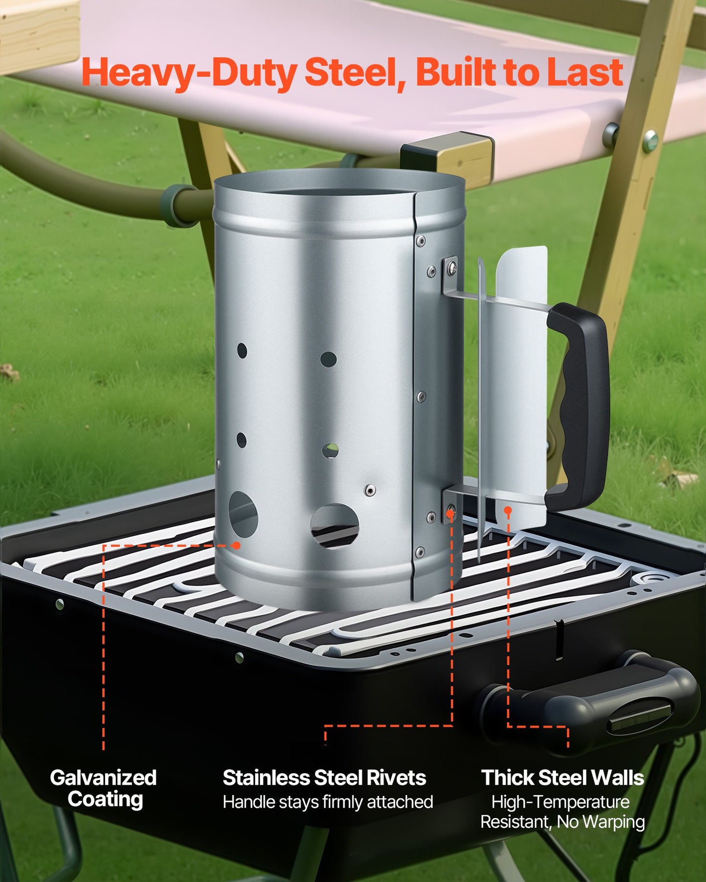 Charcoal Chimney Starter, 1.8kg Large Capacity Coal Fireplace, Heavy Duty BBQ Steel Chimney Starter for Charcoal Grill and Barbecues, Compact On-the-Go Carbon Lighter and BBQ Grill Tool, Silver