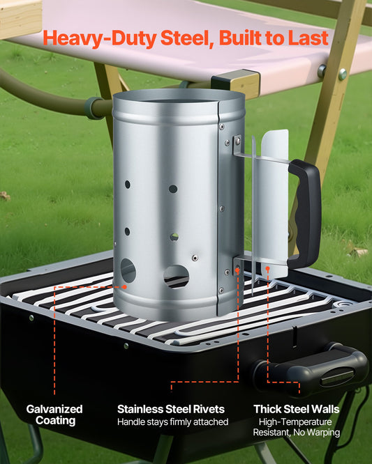 Charcoal Chimney Starter, 1.8kg Large Capacity Coal Fireplace, Heavy Duty BBQ Steel Chimney Starter for Charcoal Grill and Barbecues, Compact On-the-Go Carbon Lighter and BBQ Grill Tool, Silver