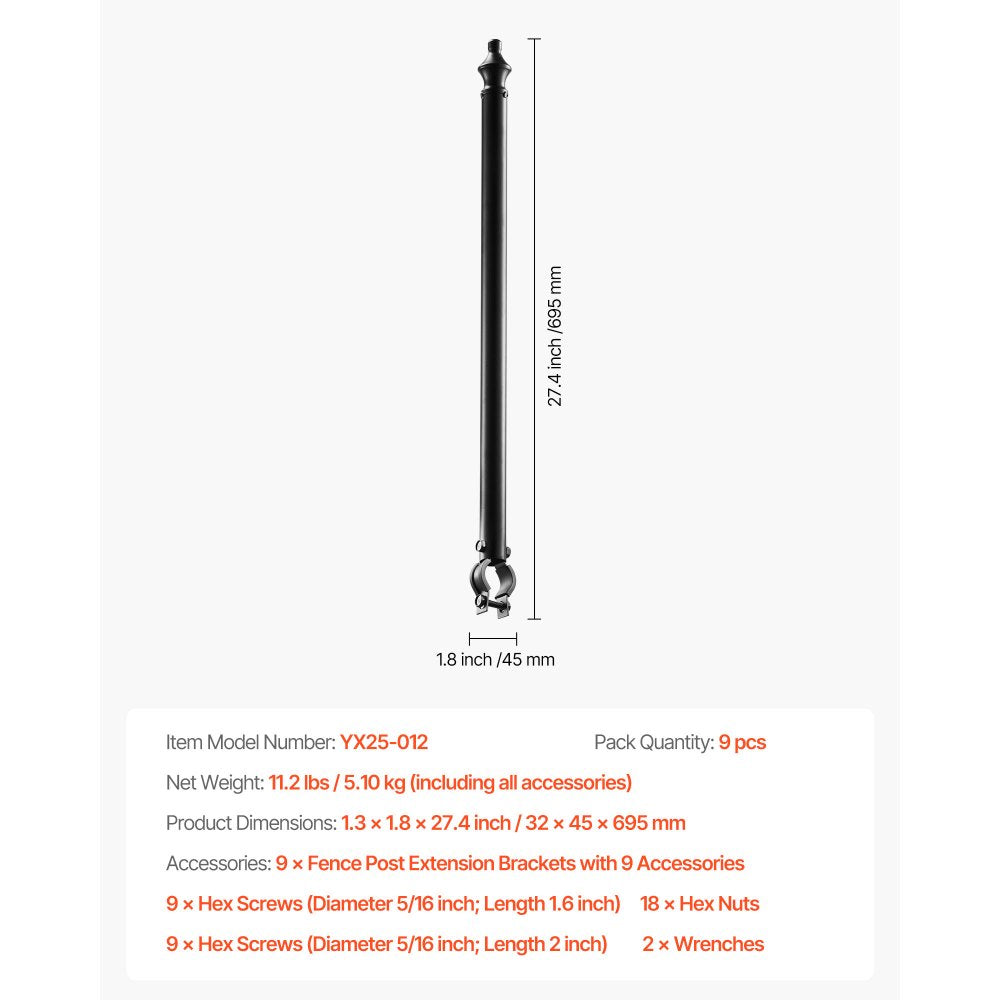 9 Packs 695 mm Chain Link Fence Extender for 32-38 mm Top Rail U Bracket