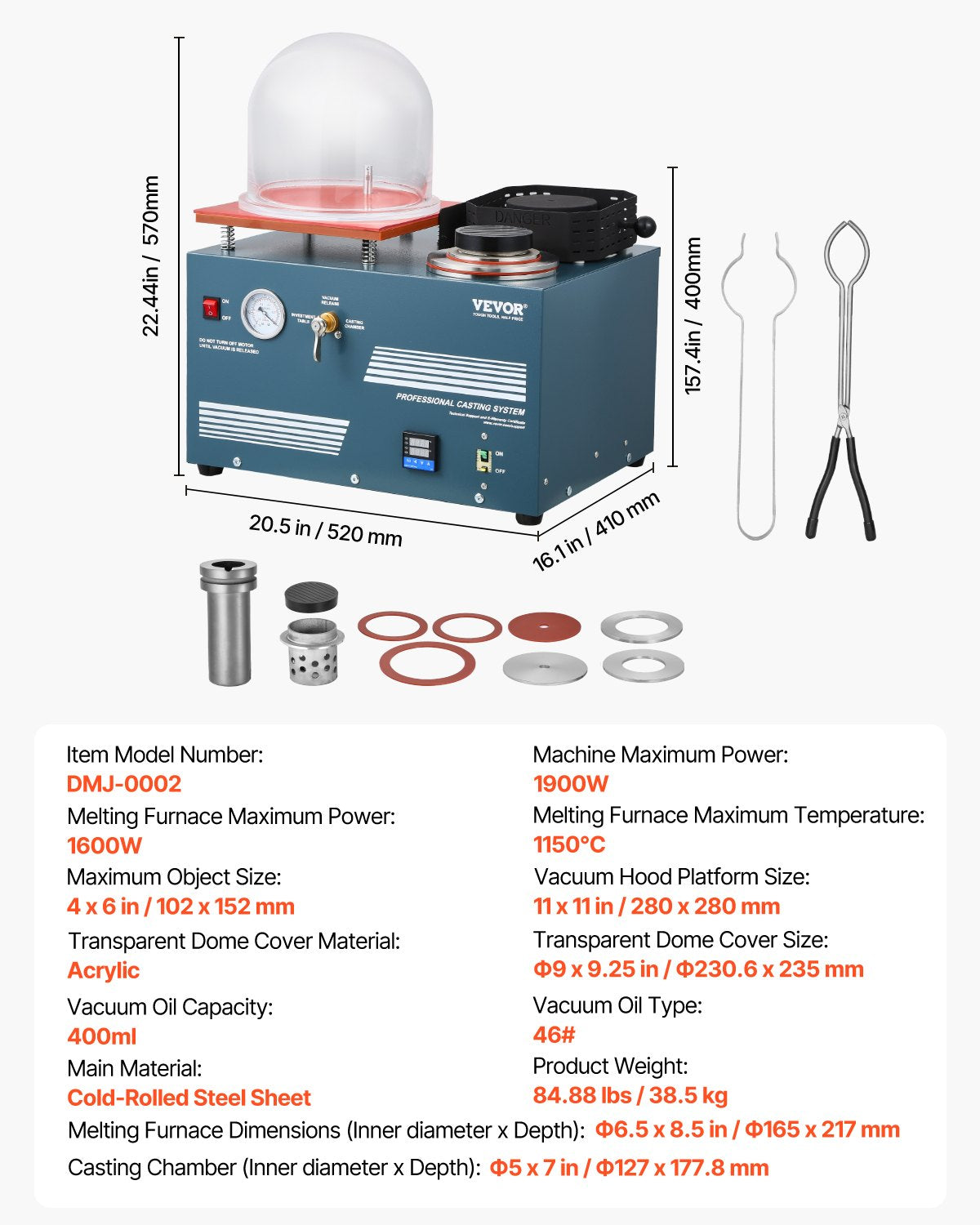 Vacuum Investing Casting Machine with Melting Furnace, Convenient Oil Injection Port, Precision Pressure Gauge, All-in-One Machine for Casting Jewelry and Melting Scrap, Silver, Gold, Copper