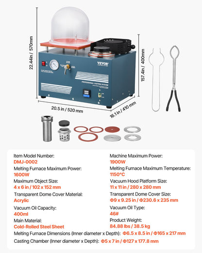 Vacuum Investing Casting Machine with Melting Furnace, Convenient Oil Injection Port, Precision Pressure Gauge, All-in-One Machine for Casting Jewelry and Melting Scrap, Silver, Gold, Copper