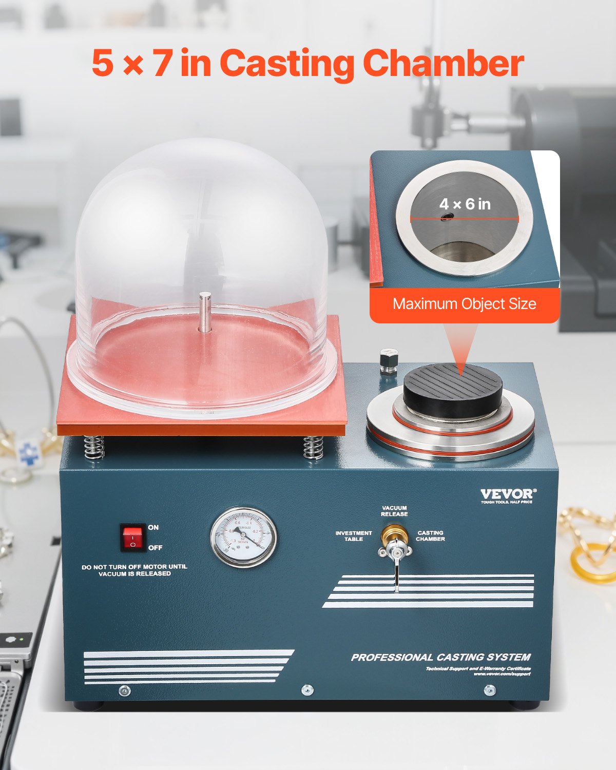 Vacuum Investing Casting Machine, 290W Power, with 3 CFM Pump and Bell Jar, Convenient Oil Injection Port, Precision Pressure Gauge, 280x280 mm Workbench, Casting Machine for Jewelry and Metal