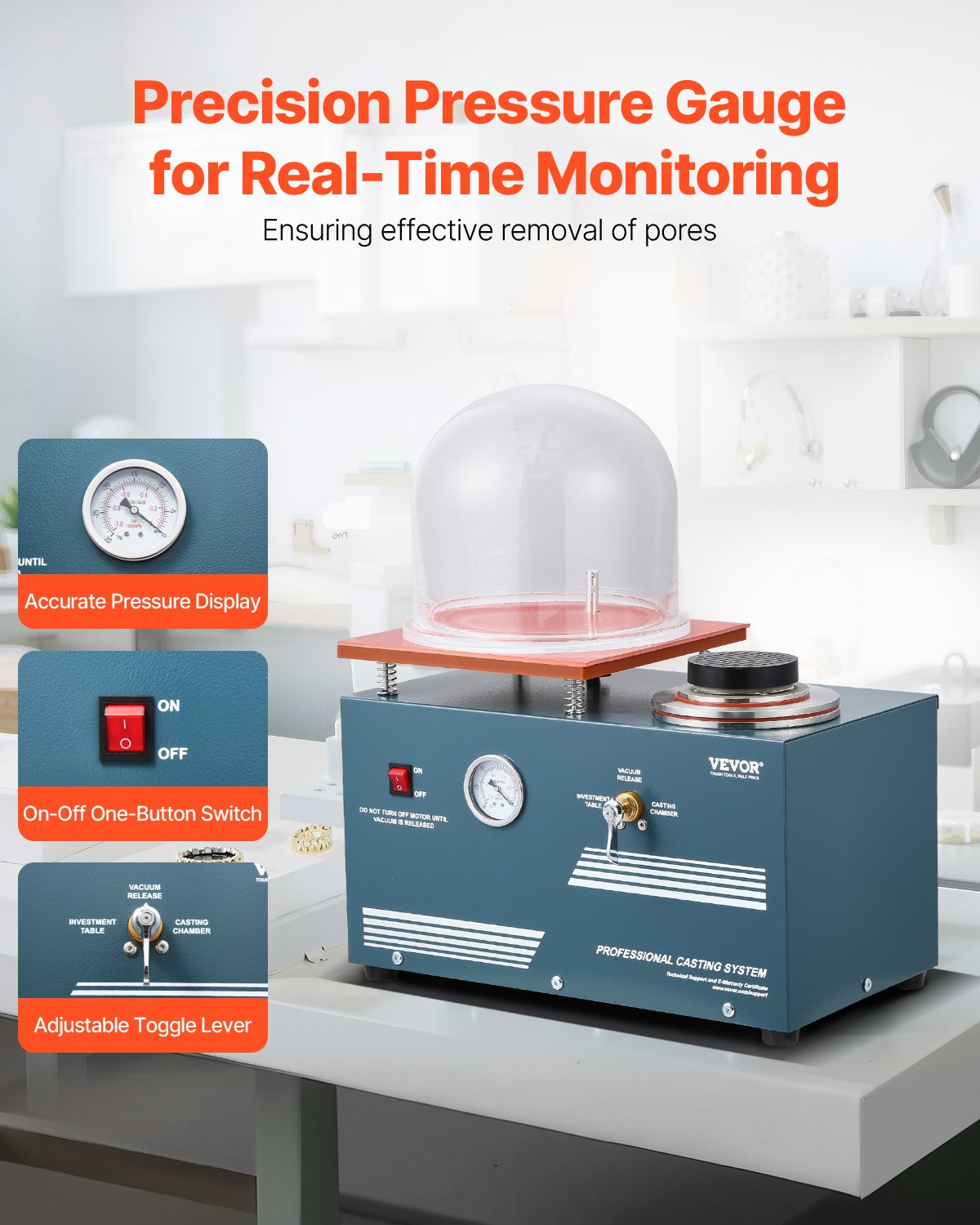 Vacuum Investing Casting Machine, 290W Power, with 3 CFM Pump and Bell Jar, Convenient Oil Injection Port, Precision Pressure Gauge, 280x280 mm Workbench, Casting Machine for Jewelry and Metal