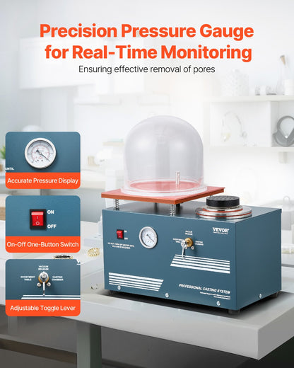 Vacuum Investing Casting Machine, 290W Power, with 3 CFM Pump and Bell Jar, Convenient Oil Injection Port, Precision Pressure Gauge, 280x280 mm Workbench, Casting Machine for Jewelry and Metal
