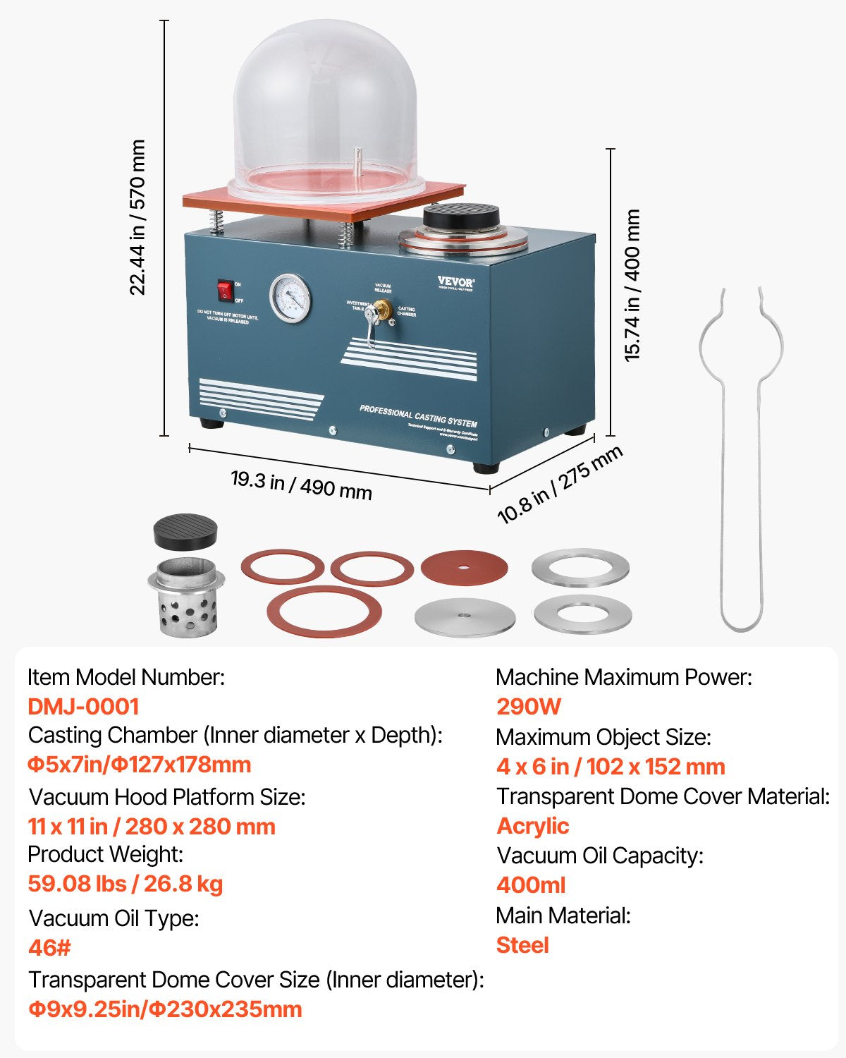 Vacuum Investing Casting Machine, 290W Power, with 3 CFM Pump and Bell Jar, Convenient Oil Injection Port, Precision Pressure Gauge, 280x280 mm Workbench, Casting Machine for Jewelry and Metal