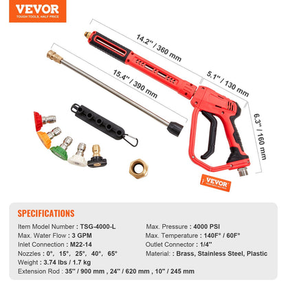 High-Pressure Power Washer Gun with 3 Extension Rods and 5 Nozzles, 4000 PSI