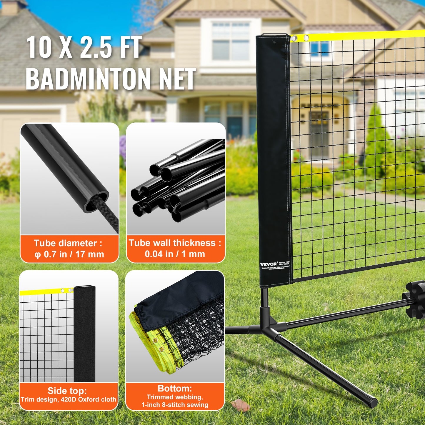 VEVOR Badminton Net, Height Adjustable Volleyball Net, 10ft Wide Foldable Pickleball