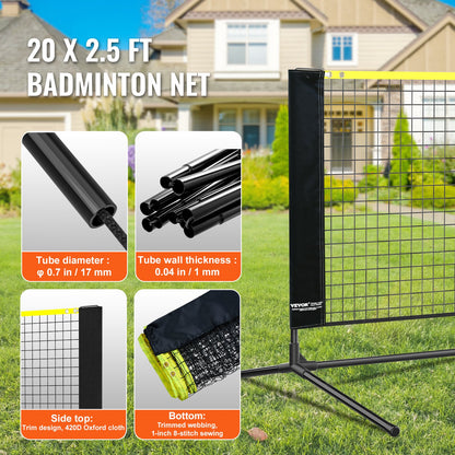 VEVOR Badminton Net, Height Adjustable Volleyball Net, 20ft Wide Foldable Pickleball