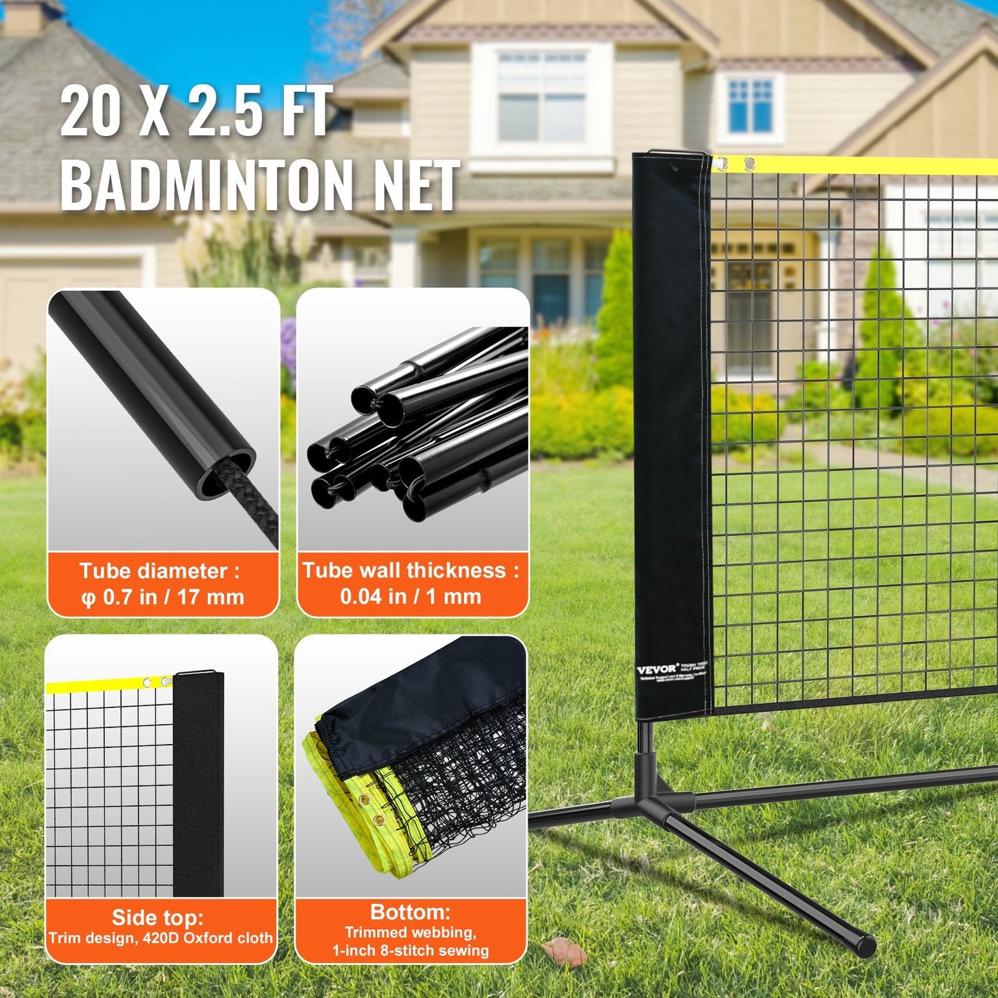 Adjustable Height 6m Multi-Sport Net: Badminton, Volleyball, Tennis & More