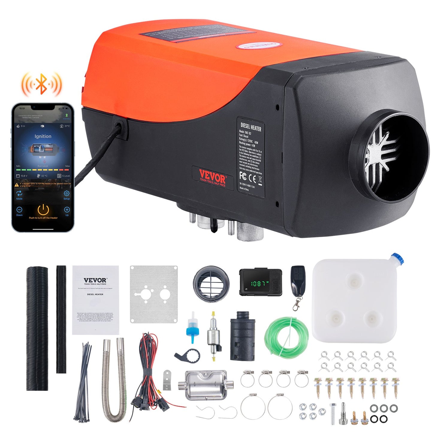 VEVOR Bluetooth App Control Diesel Air Heater, 12V 5KW Diesel Heater with Automatic