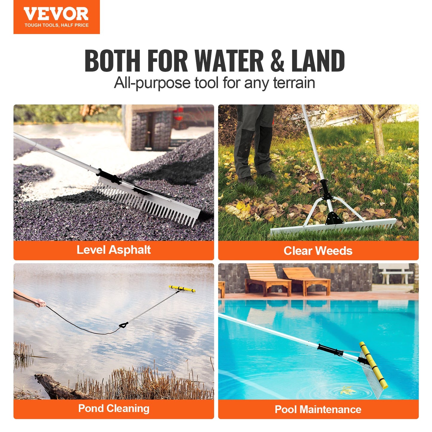 VEVOR Landscape Rake 36" Head Aluminum Landscape Rake 102.36" Adjustable Handle