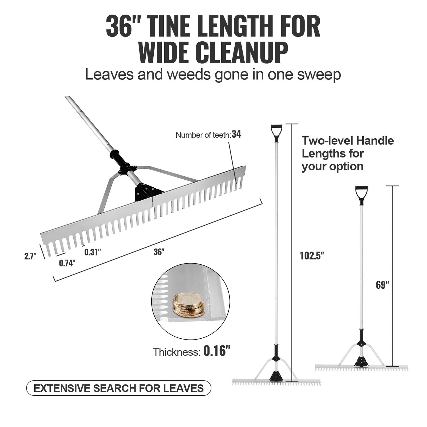 VEVOR Landscape Rake 36" Head Aluminum Landscape Rake 102.36" Adjustable Handle