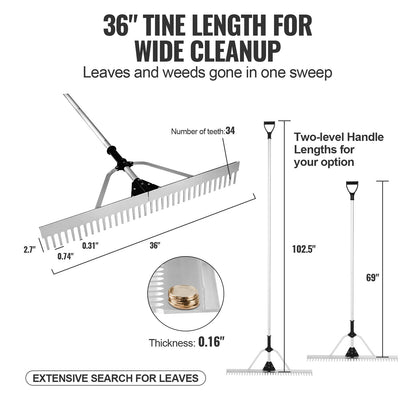 VEVOR Landscape Rake 36" Head Aluminum Landscape Rake 102.36" Adjustable Handle
