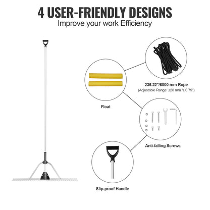 VEVOR Landscape Rake 36" Head Aluminum Landscape Rake 102.36" Adjustable Handle