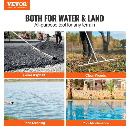 Long-reach pond rake clears leaves, stones, weeds, and floating debris from land and water surfaces