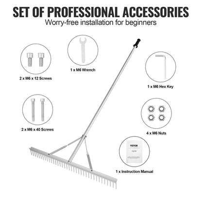 Adjustable Aluminum Landscape Rake with 0.9m Head & 1.9m Handle, 1.6 kg