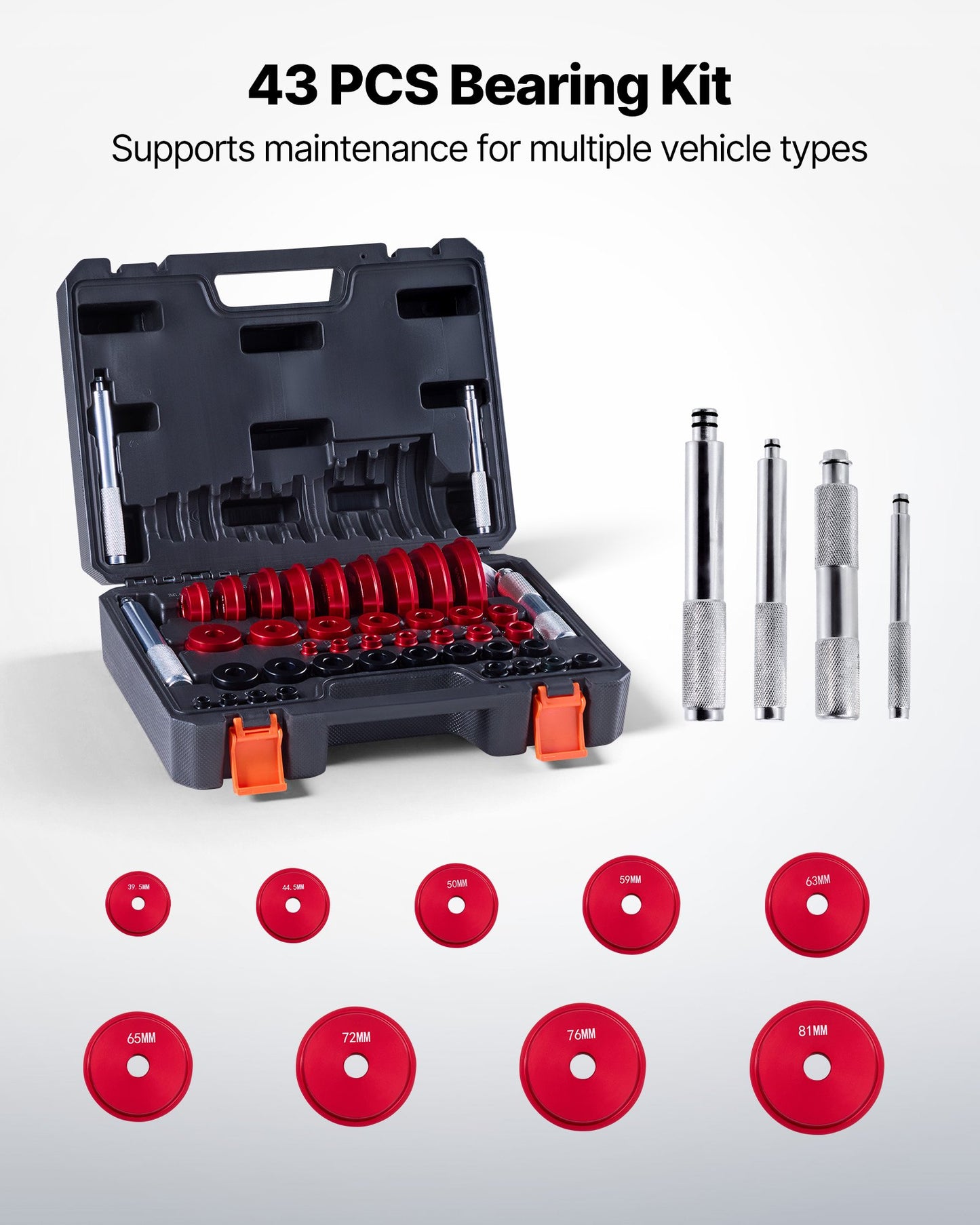 Bearing Press Kit, 43 Pcs, Bearing Race and Seal Driver Set with 39 Bushings & Handle Shafts, Bushing Driver Tool Set, Heavy Duty Aluminum Alloy Removal Installation Tool Kit with Storage Case