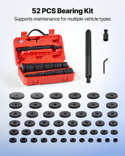 Bearing Press Kit, 52 Pcs, Bearing Race and Seal Driver Set with 49 Bushings and Handle Shaft, Bushing Driver Tool Set, Heavy Duty Carbon Steel Removal Installation Tool Kit with Storage Case