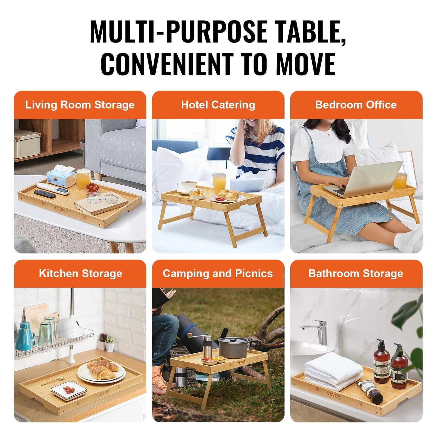 Bamboo Foldable Bed Tray Table with Anti-Slip Design for Eating & Working