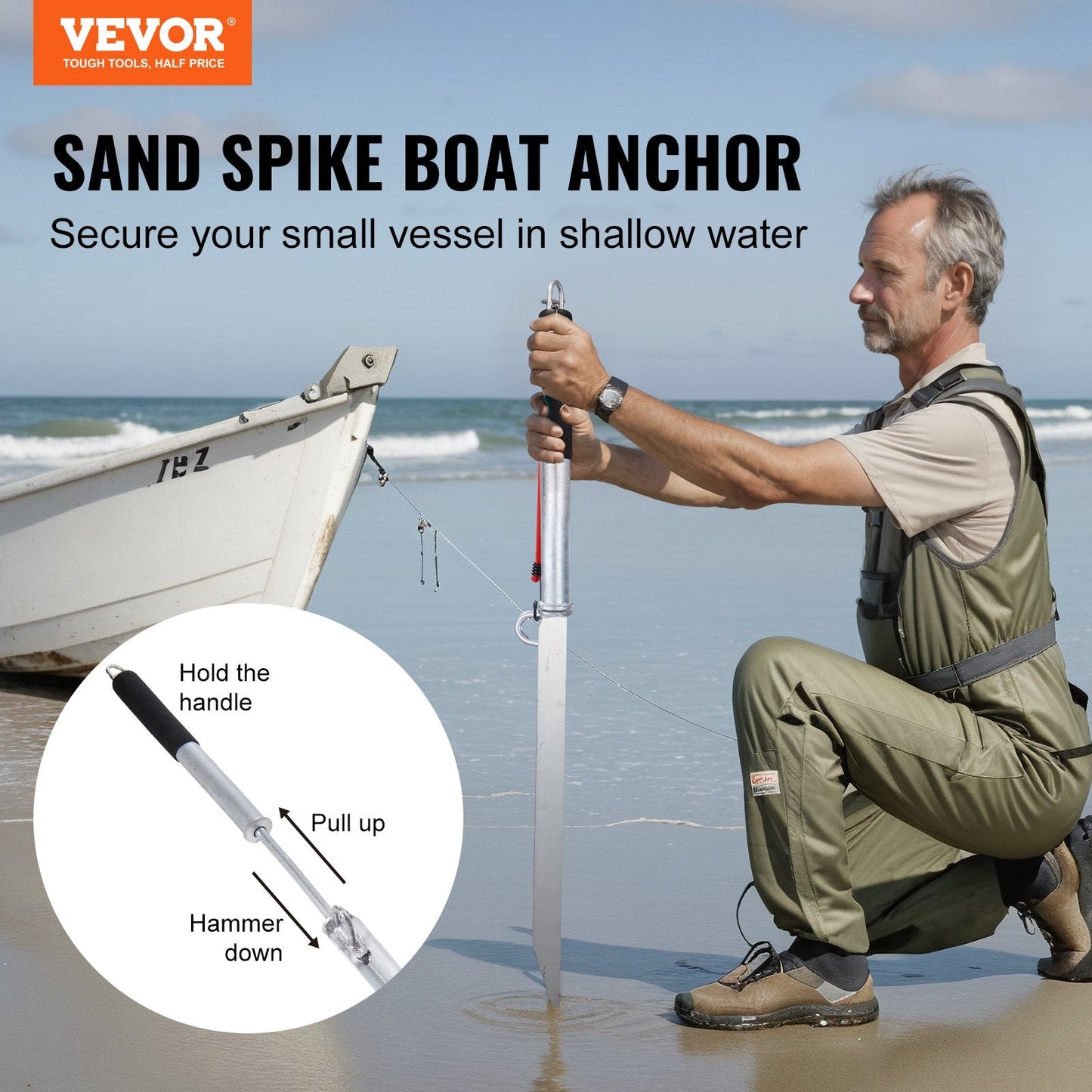 Galvanized Steel Beach Anchor Pole for Small Boats and Kayaks, 0.9 m