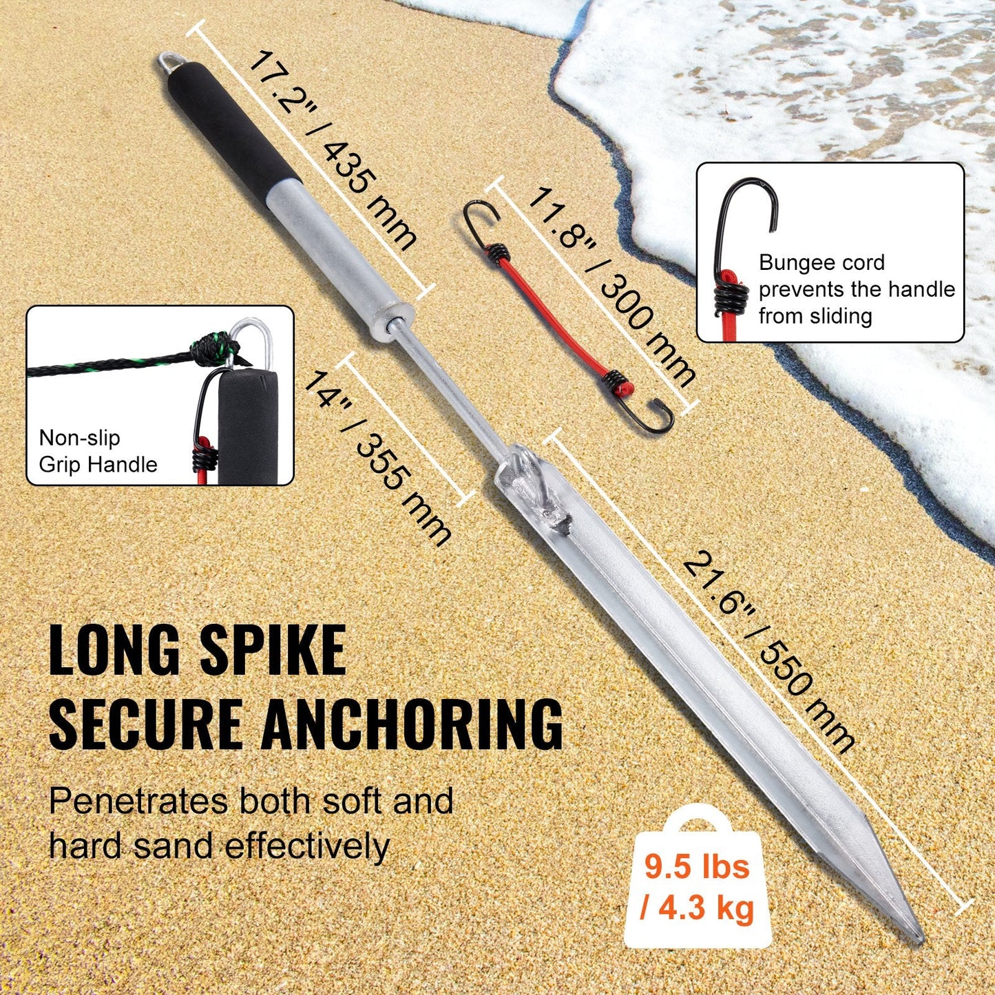 Galvanized Steel Beach Anchor Pole for Small Boats and Kayaks, 0.9 m