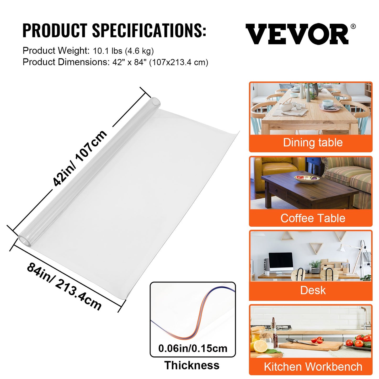 VEVOR 90 x 44 Inch Crystal Clear Table Protector Clear PVC Table Top Protector 1.5mm