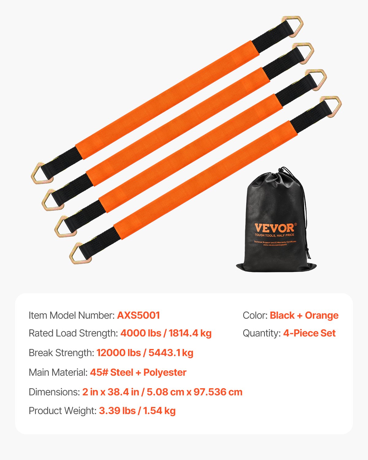 VEVOR Axle Straps Axle Tow Straps D Ring 5.08 cm x 97.536 cm for Trailer Truck