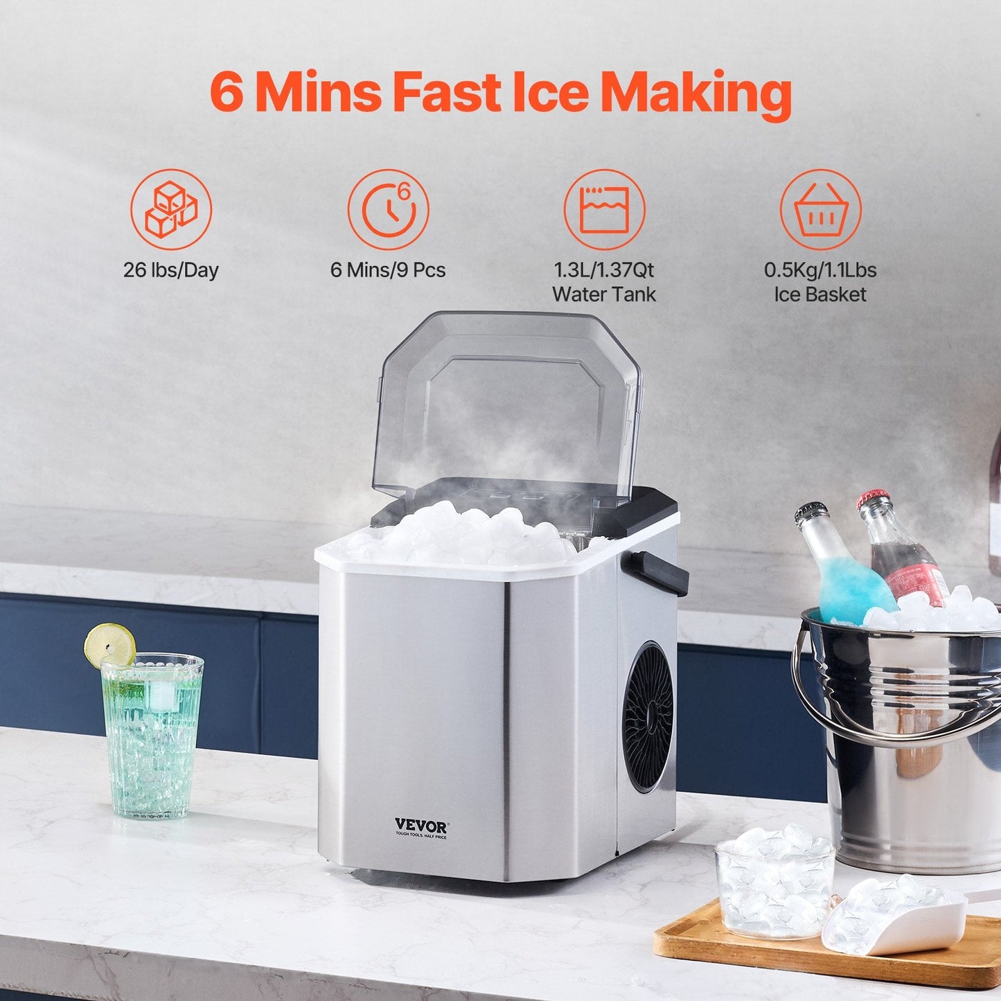 Portable Countertop Ice Maker, 12 kg/24H, Self-Cleaning, with Scoop and Basket