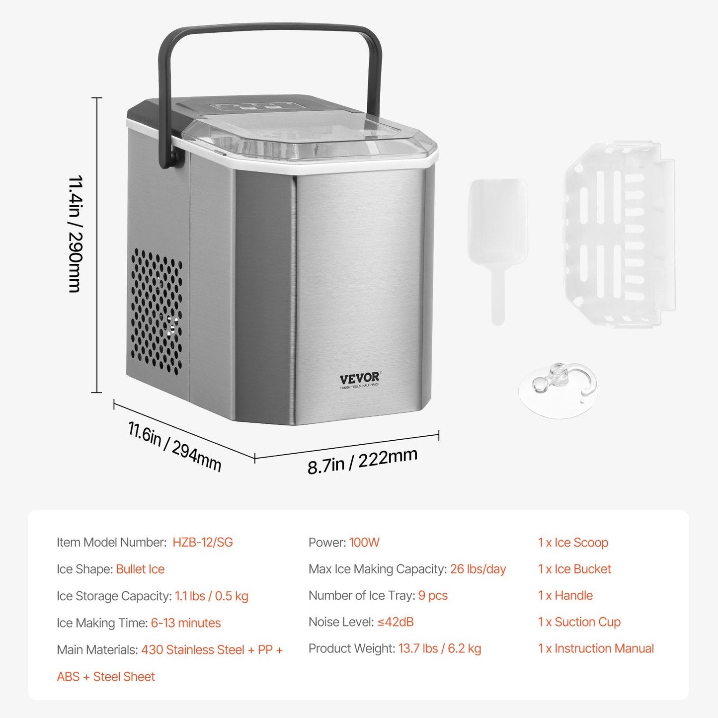 Portable Countertop Ice Maker, 12 kg/24H, Self-Cleaning, with Scoop and Basket