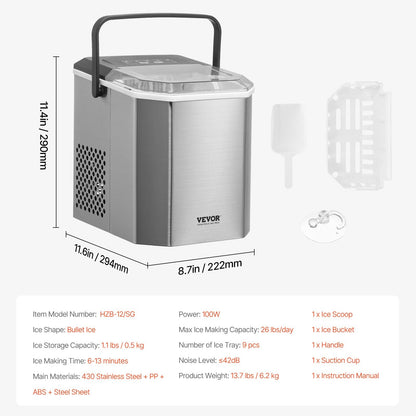 Portable Countertop Ice Maker, 12 kg/24H, Self-Cleaning, with Scoop and Basket
