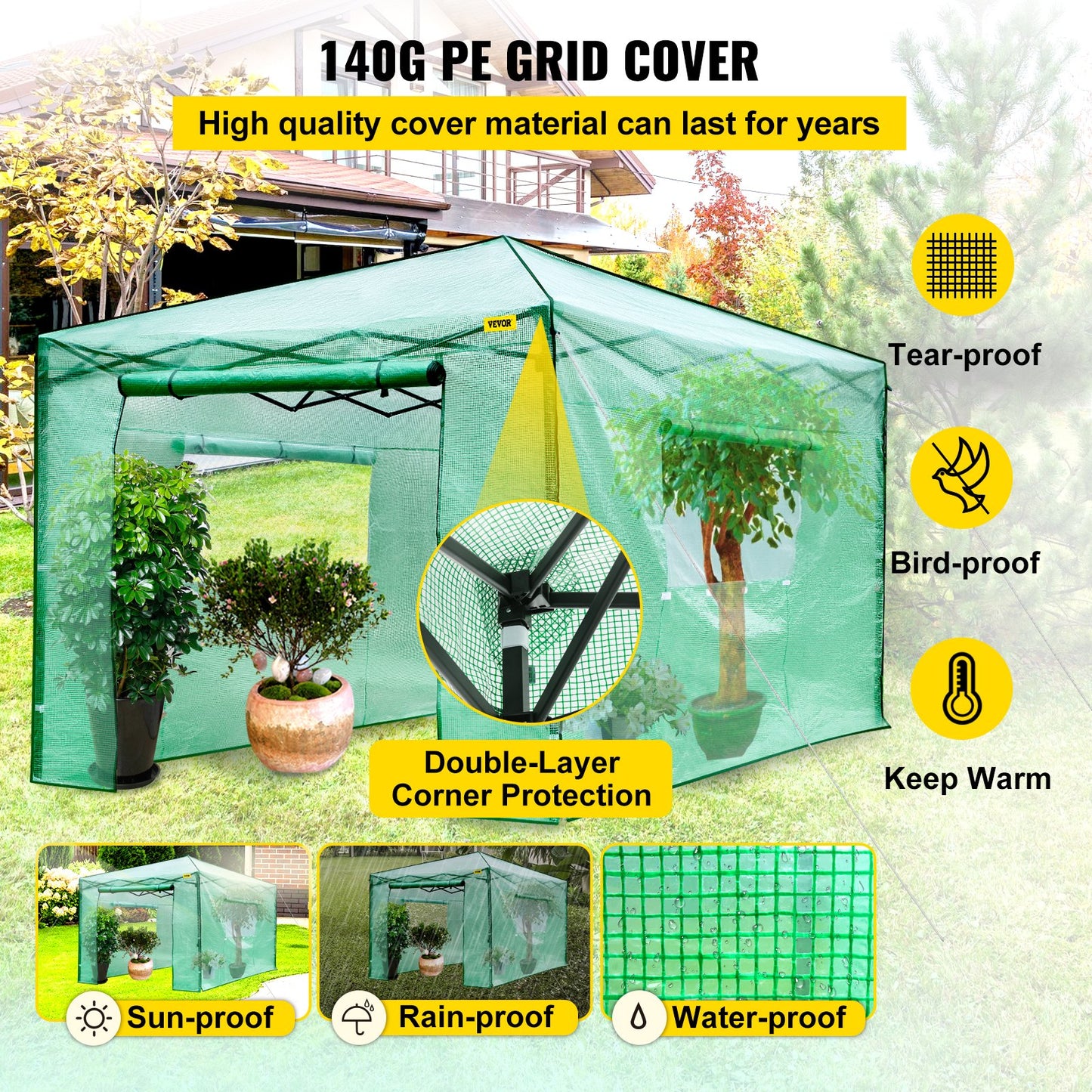 VEVOR 12\'x 8\'x 8\' Pop-Up Greenhouse, Set Up in Minutes, Portable Greenhouse with