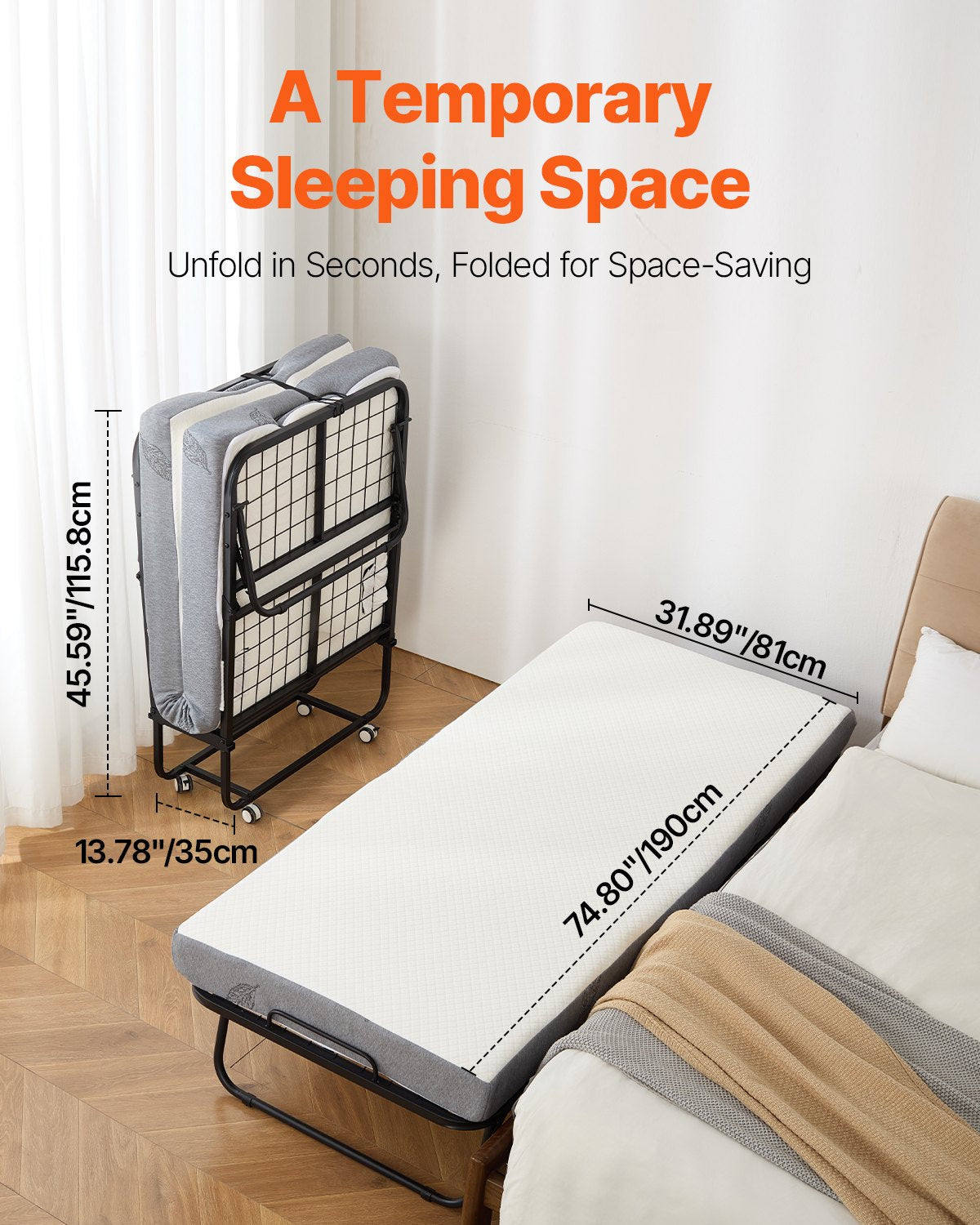 VEVOR Rollaway Bed Folding Bed with 100 mm Foam Mattress for Adults & Guest