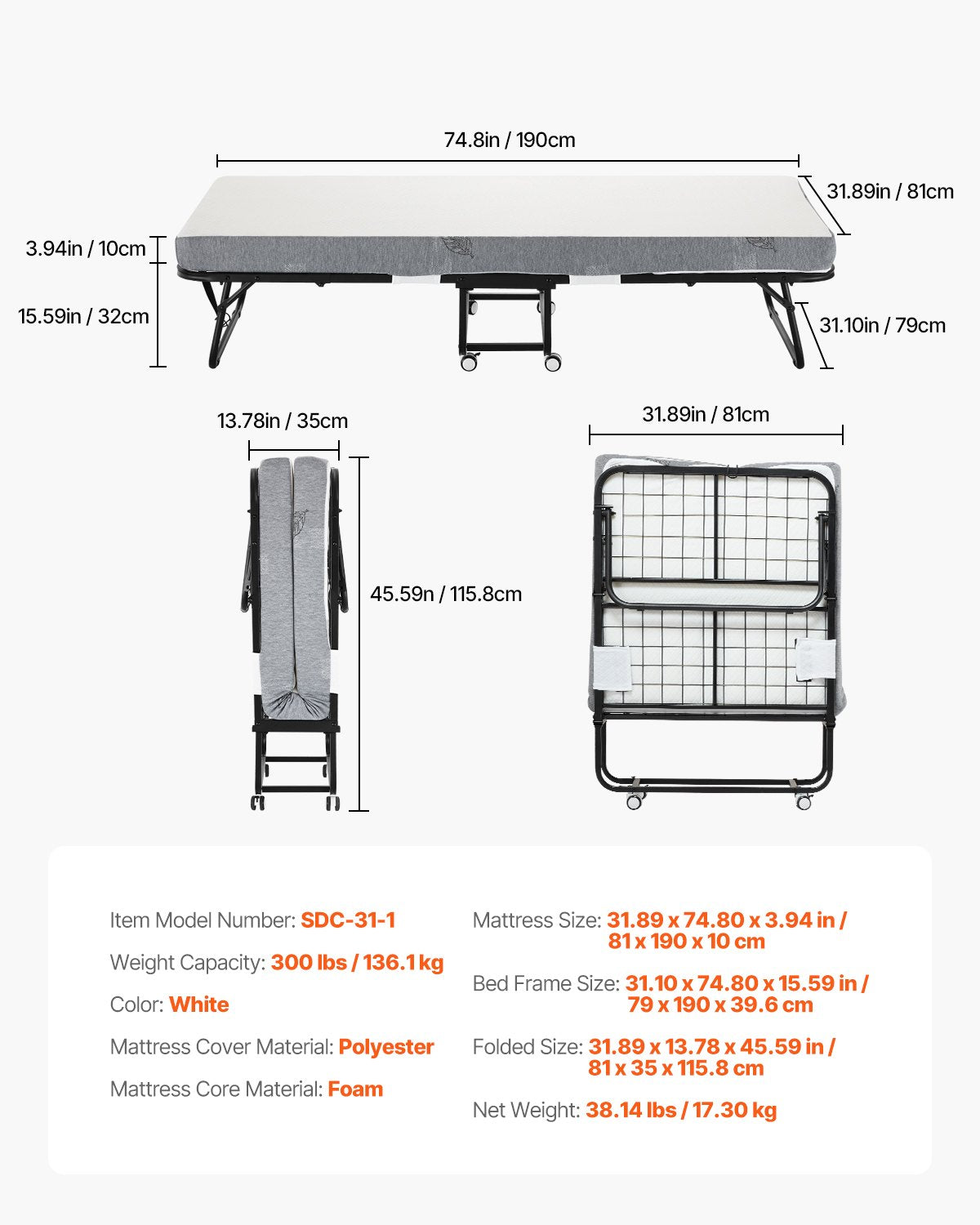 VEVOR Rollaway Bed Folding Bed with 100 mm Foam Mattress for Adults & Guest