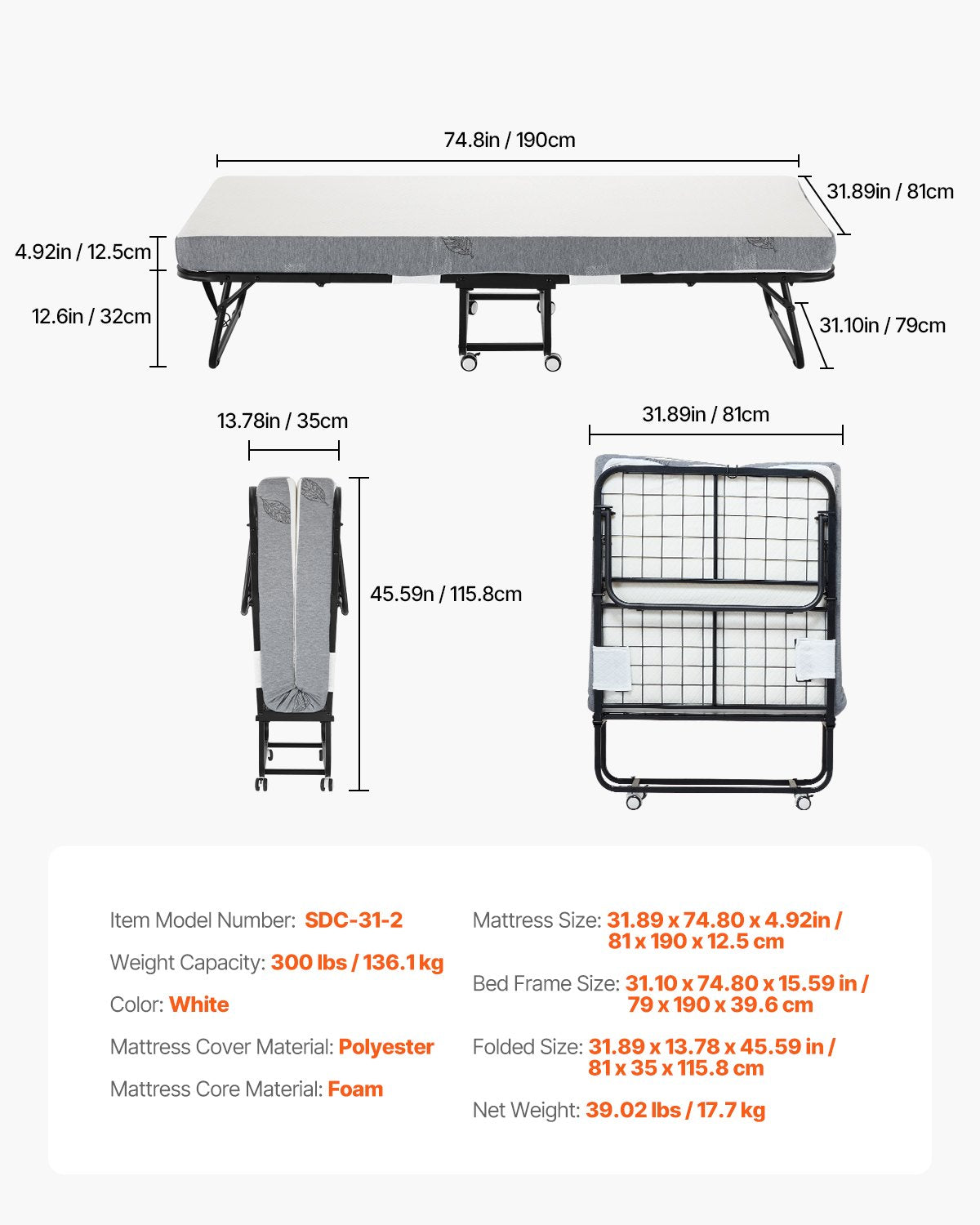 VEVOR Rollaway Bed Folding Bed with 125 mm Foam Mattress for Adults & Guest