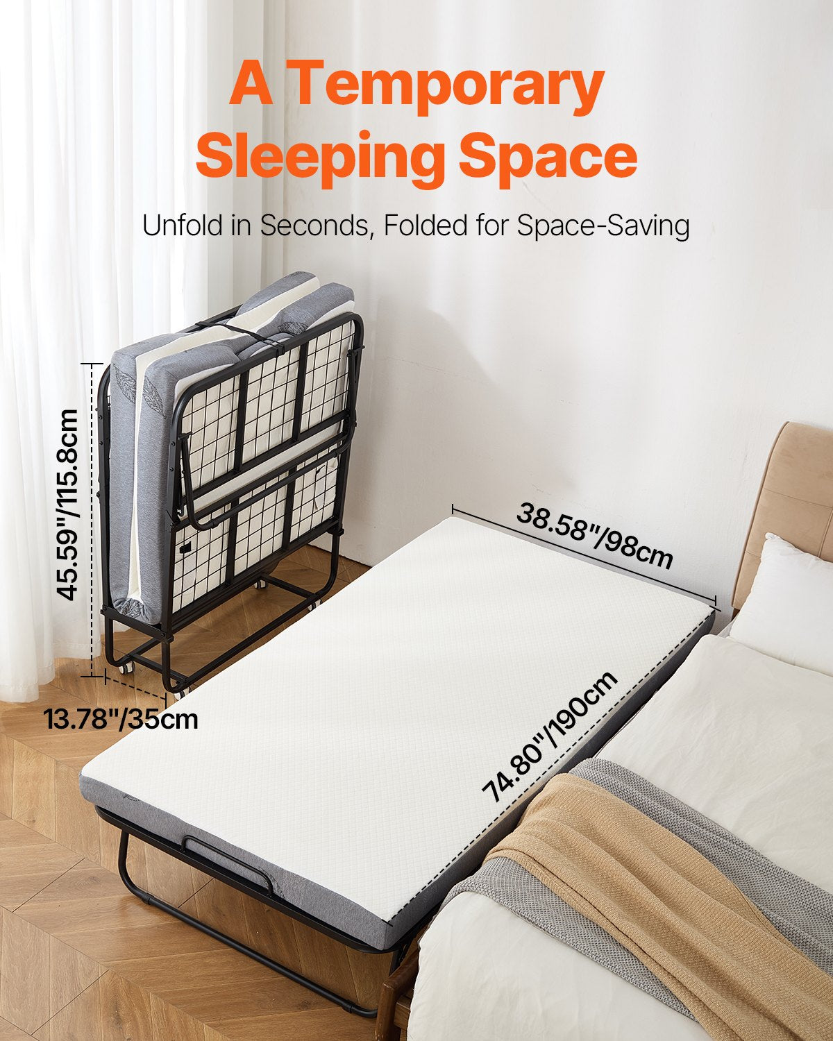 VEVOR Rollaway Bed Folding Bed with 100 mm Foam Mattress for Adults and Guest