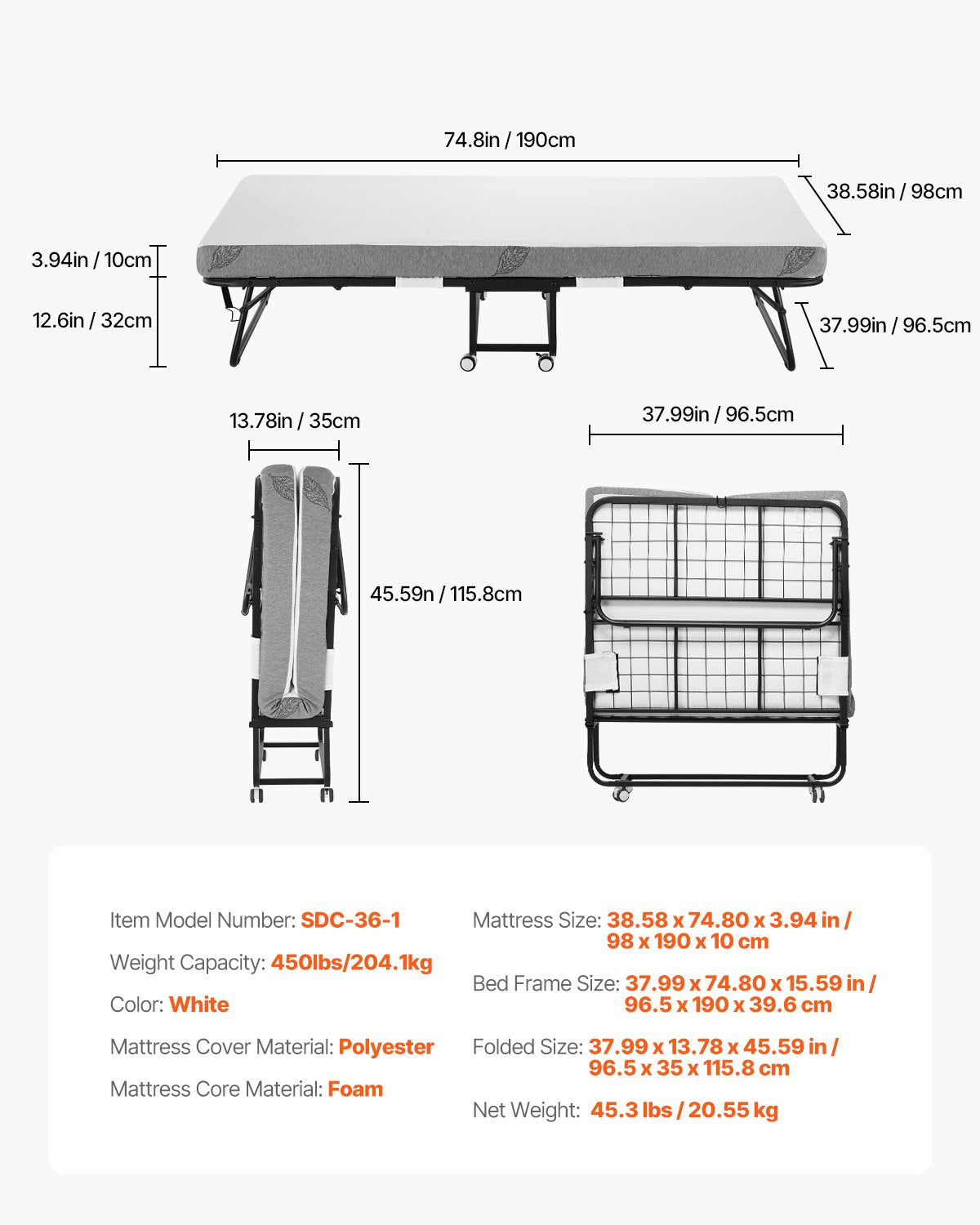 VEVOR Rollaway Bed Folding Bed with 100 mm Foam Mattress for Adults and Guest