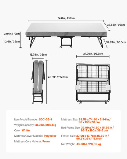VEVOR Rollaway Bed Folding Bed with 100 mm Foam Mattress for Adults and Guest