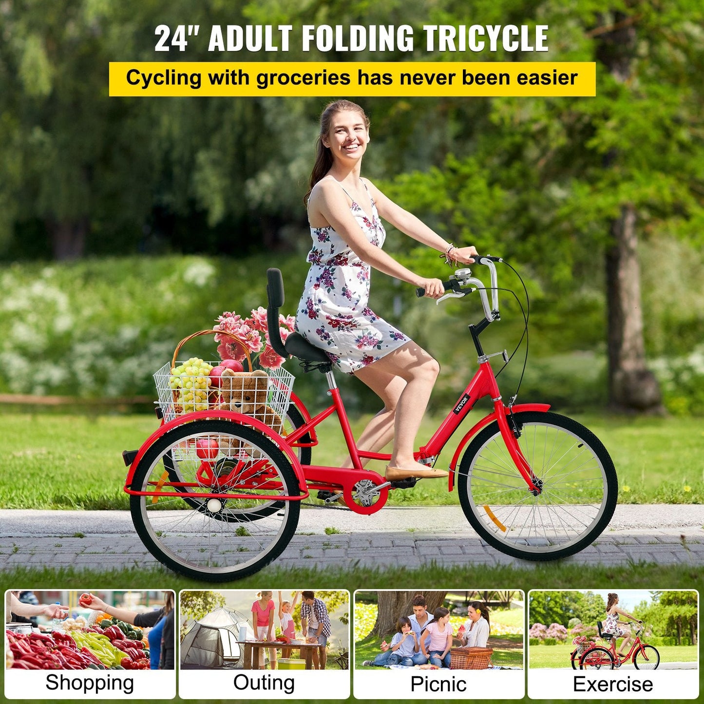 Foldable Adult Tricycle with 61 cm Wheels, 1-Speed, and Large Basket - Red