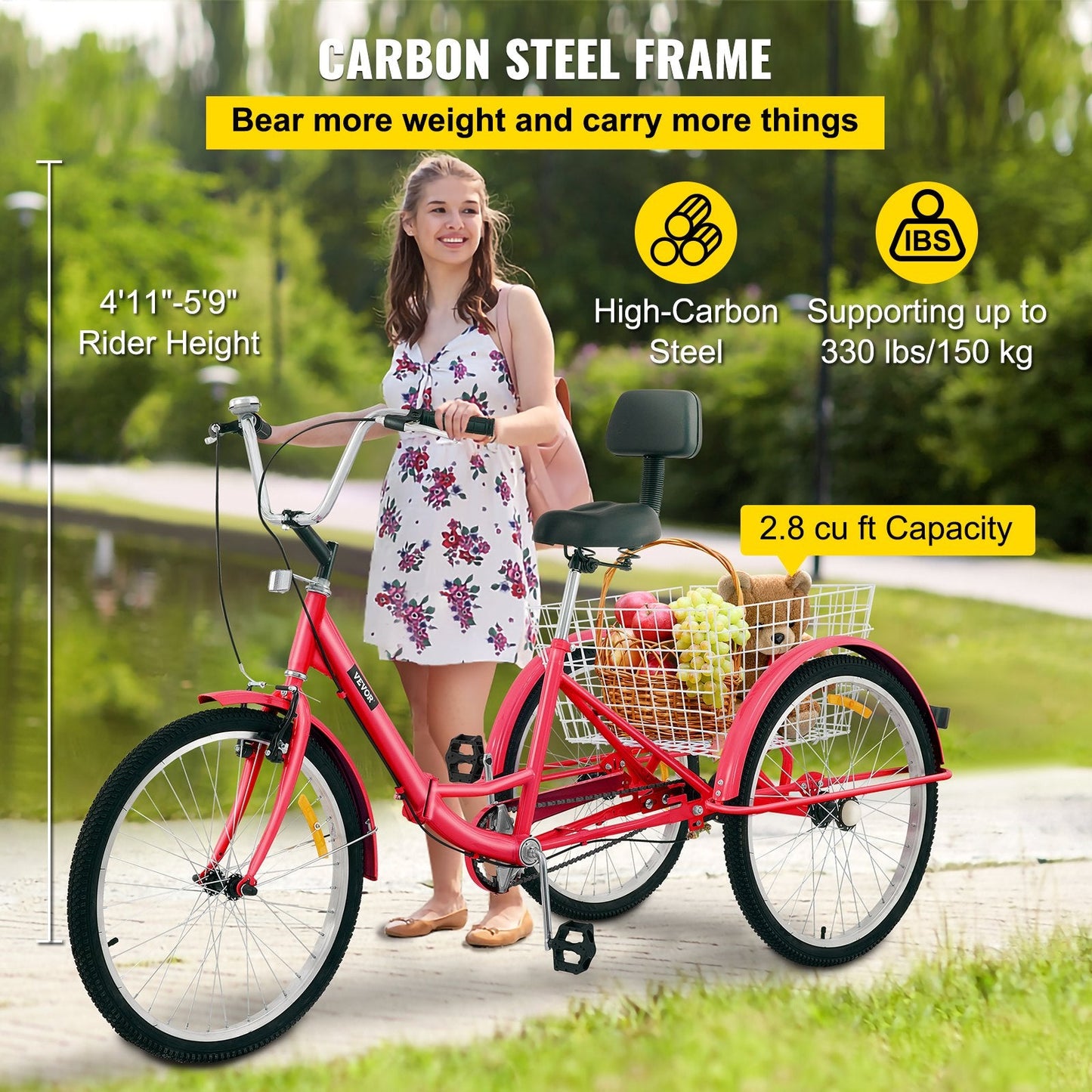 Foldable Adult Tricycle with 61 cm Wheels, 1-Speed, and Large Basket - Red