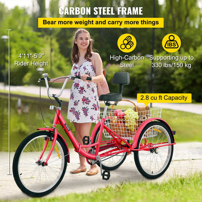 Foldable Adult Tricycle with 61 cm Wheels, 1-Speed, and Large Basket - Red