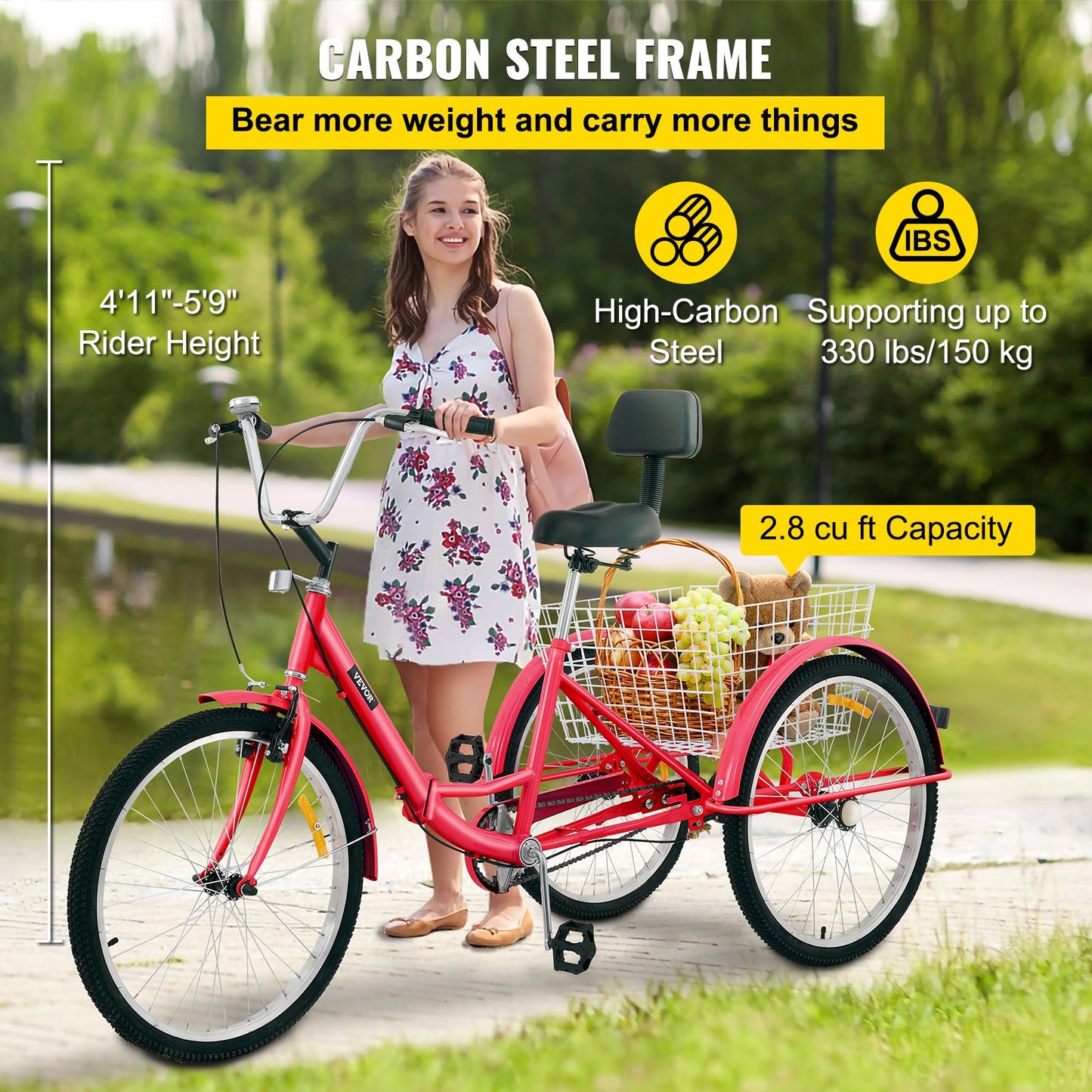 Foldable Tricycle Adult 24'' Wheels Adult Tricycle 1-Speed 3 Wheel Bikes For Adults