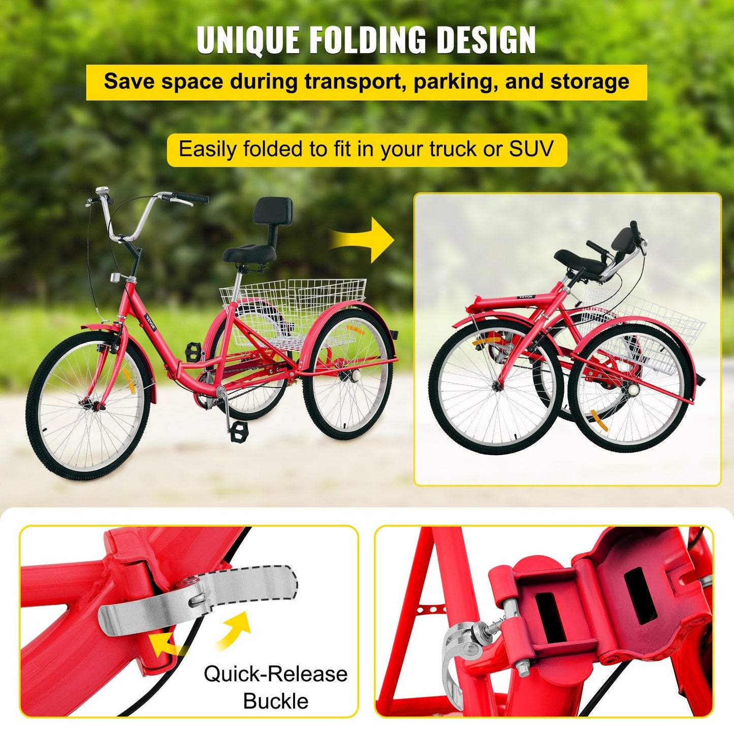 Foldable Adult Tricycle with 61 cm Wheels, 1-Speed, and Large Basket - Red