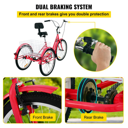 Foldable Adult Tricycle with 61 cm Wheels, 1-Speed, and Large Basket - Red