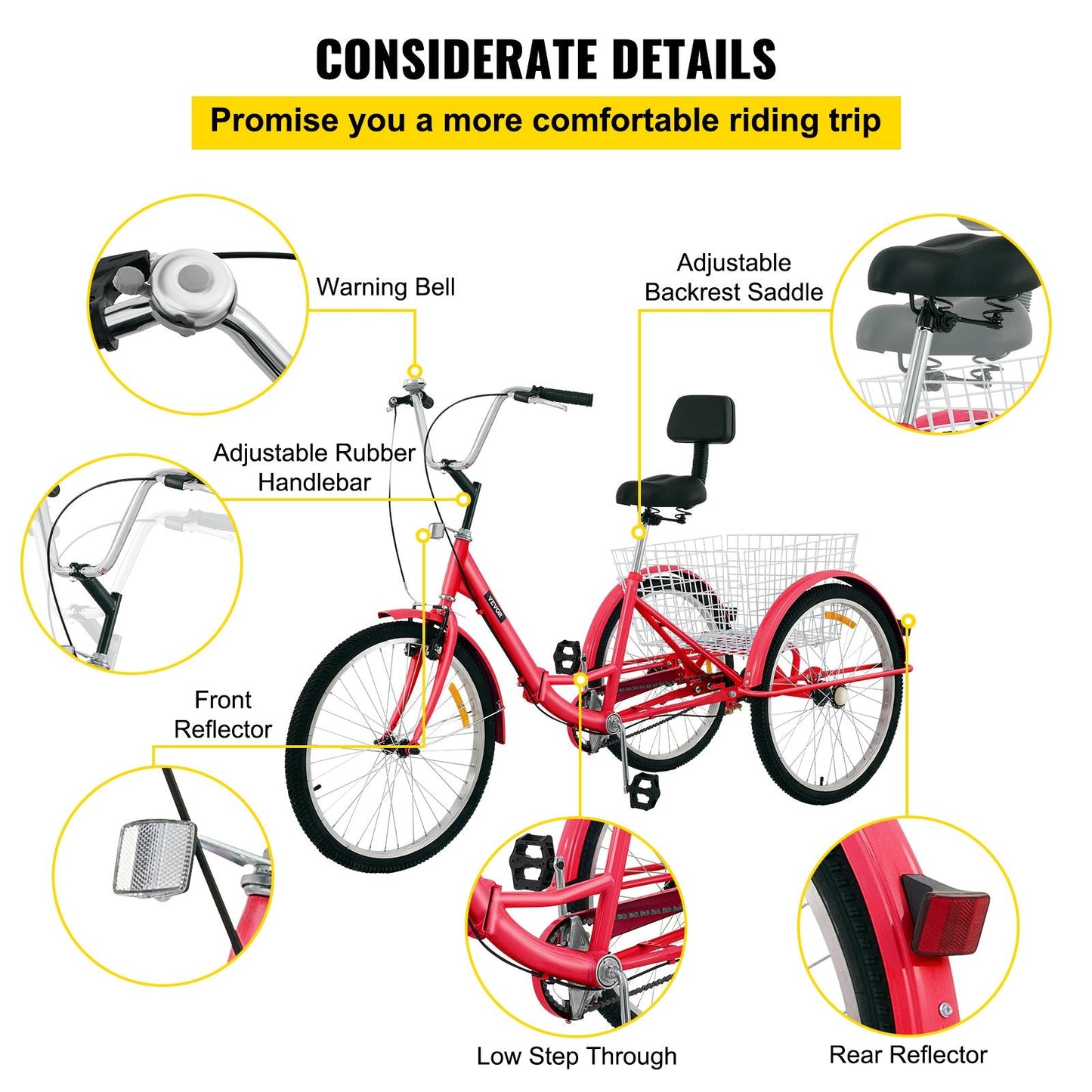 Foldable Adult Tricycle with 61 cm Wheels, 1-Speed, and Large Basket - Red