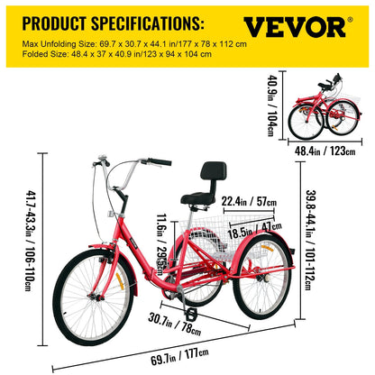 Foldable Adult Tricycle with 61 cm Wheels, 1-Speed, and Large Basket - Red