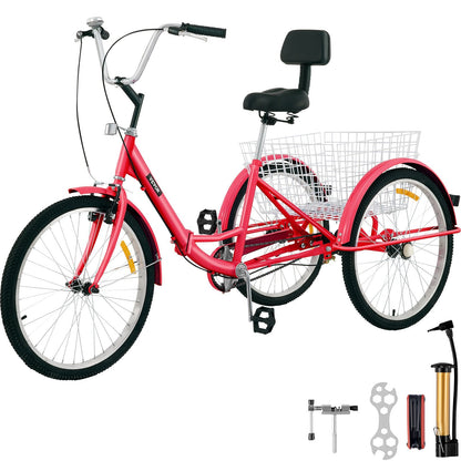 Foldable Adult Tricycle with 61 cm Wheels, 1-Speed, and Large Basket - Red